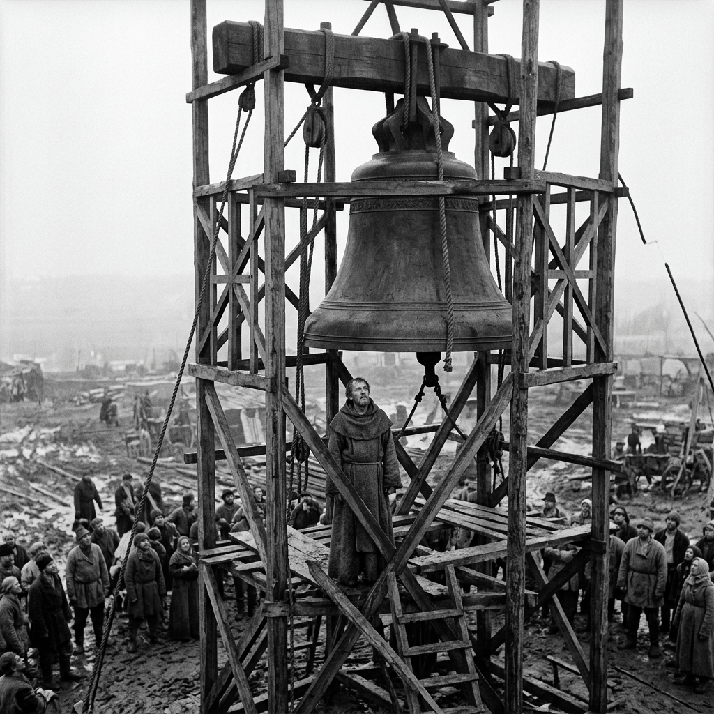A large bell hangs from a wooden scaffold above a robed man and crowd
