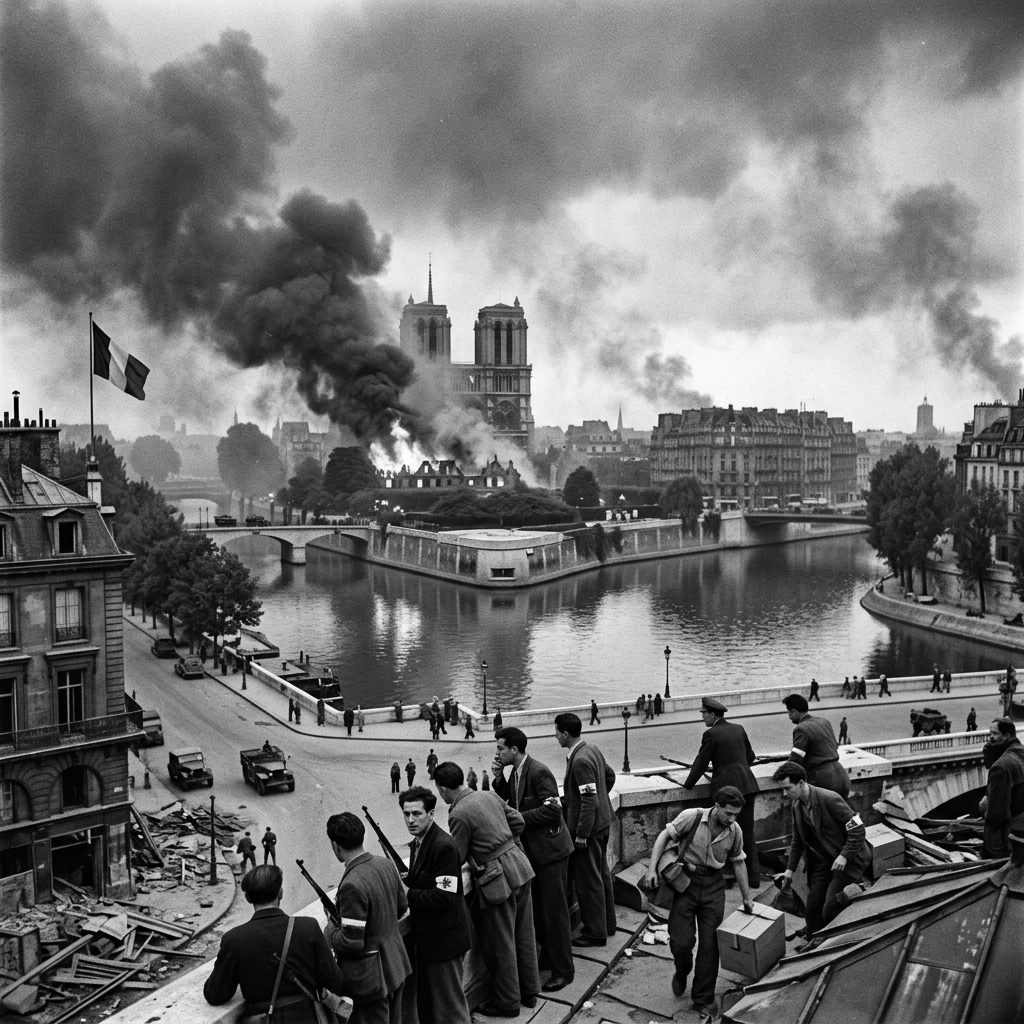 Resistance fighters overlooking the Seine and smoke-filled wartime Paris